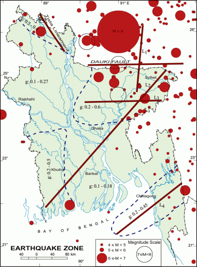 Known faults and past earthquakes in Bangladesh. (Credit National Encyclopedia of Bangladesh)